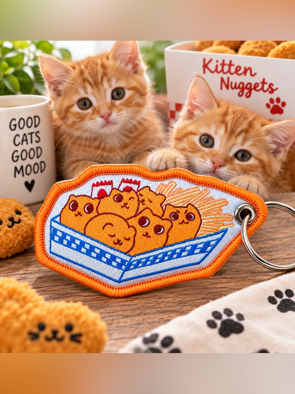 Kitten Nuggets Embroidered Patch Keychain Double Sided Cute Cat Food Charm